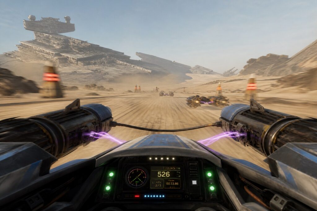 Vue du cockpit d'un speeder dans un jeu comme Star Wars: Galactic Racer