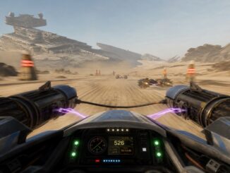 Vue du cockpit d'un speeder dans un jeu comme Star Wars: Galactic Racer