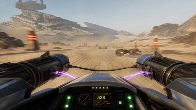 Vue du cockpit d'un speeder dans un jeu comme Star Wars: Galactic Racer