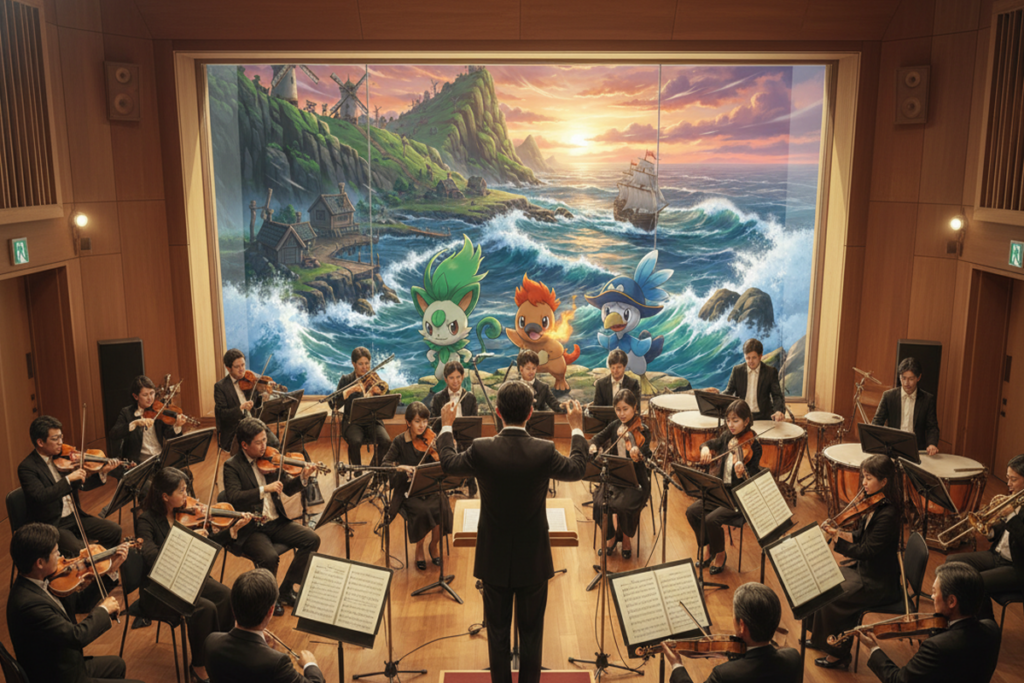 Illustration d’un orchestre qui interprète la bande-son Pokémon Vents/Vagues