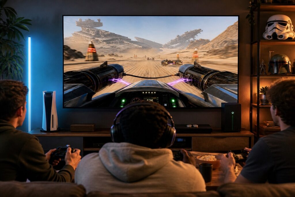 gamers découvrant un jeu inspiré de Star Wars: Galactic Racer sur PC et consoles