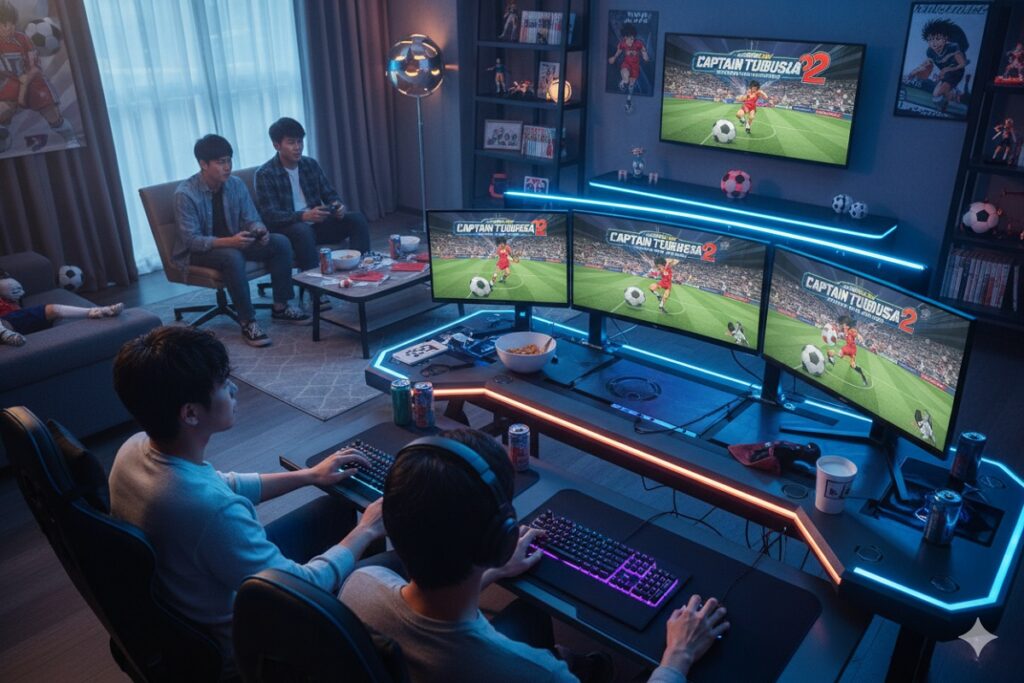gamers jouant à un jeu comme Captain Tsubasa 2: World Fighters