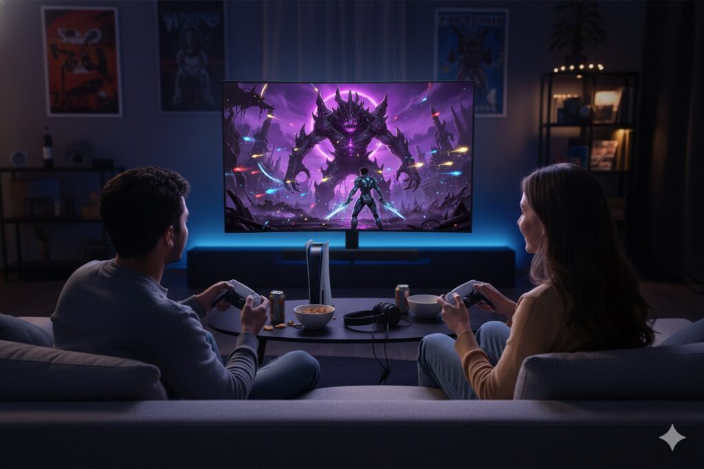 gamers jouant à un jeu comme Saros sur PS5