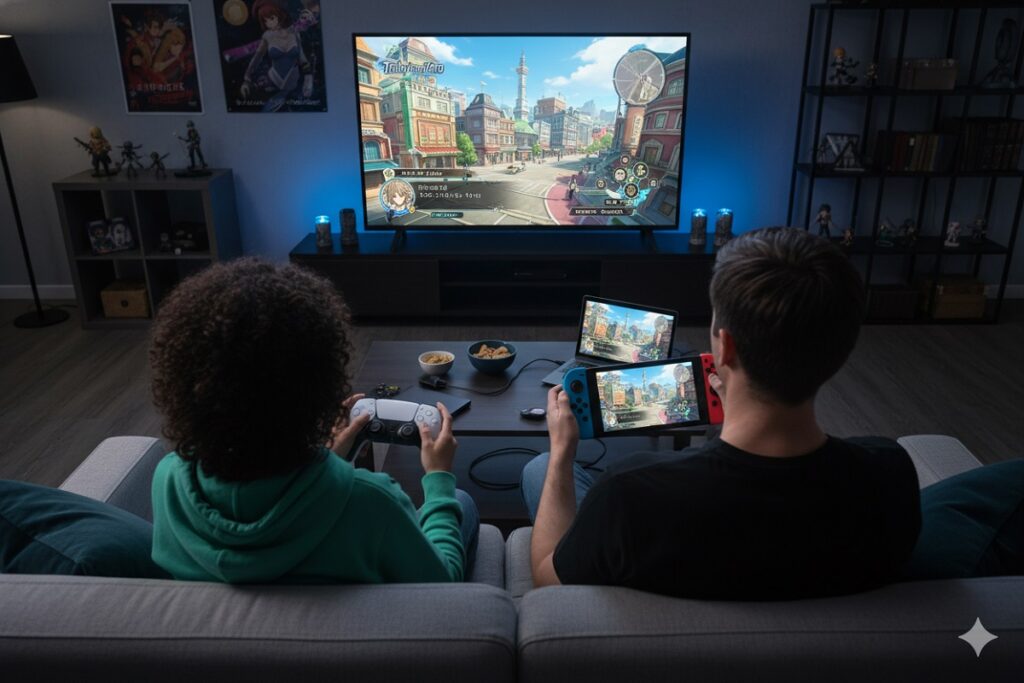 gamers testant un jeu comme Trails from Zero sur PS5
