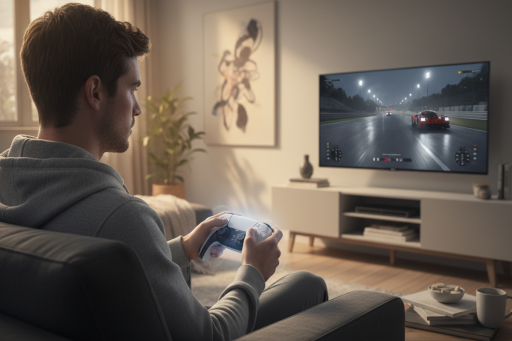Un joueur qui joue à Gran Turismo 7 sur sa console
