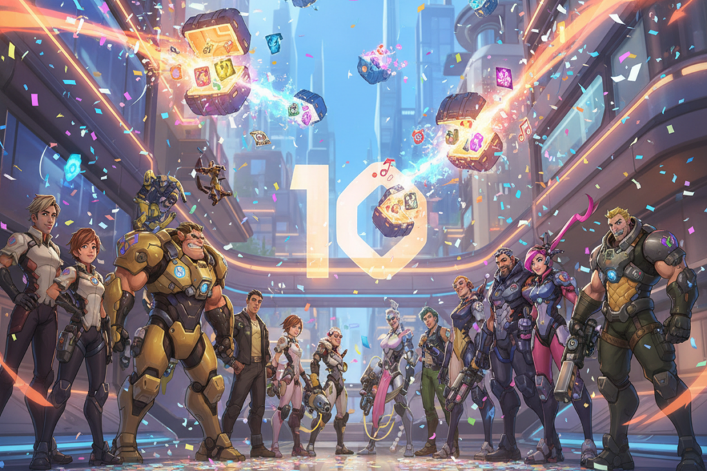 Affiche pour les 10 ans d’un jeu comme Overwatch