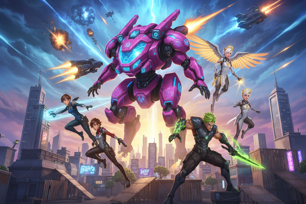 Poster des personnages d’un jeu comme Overwatch