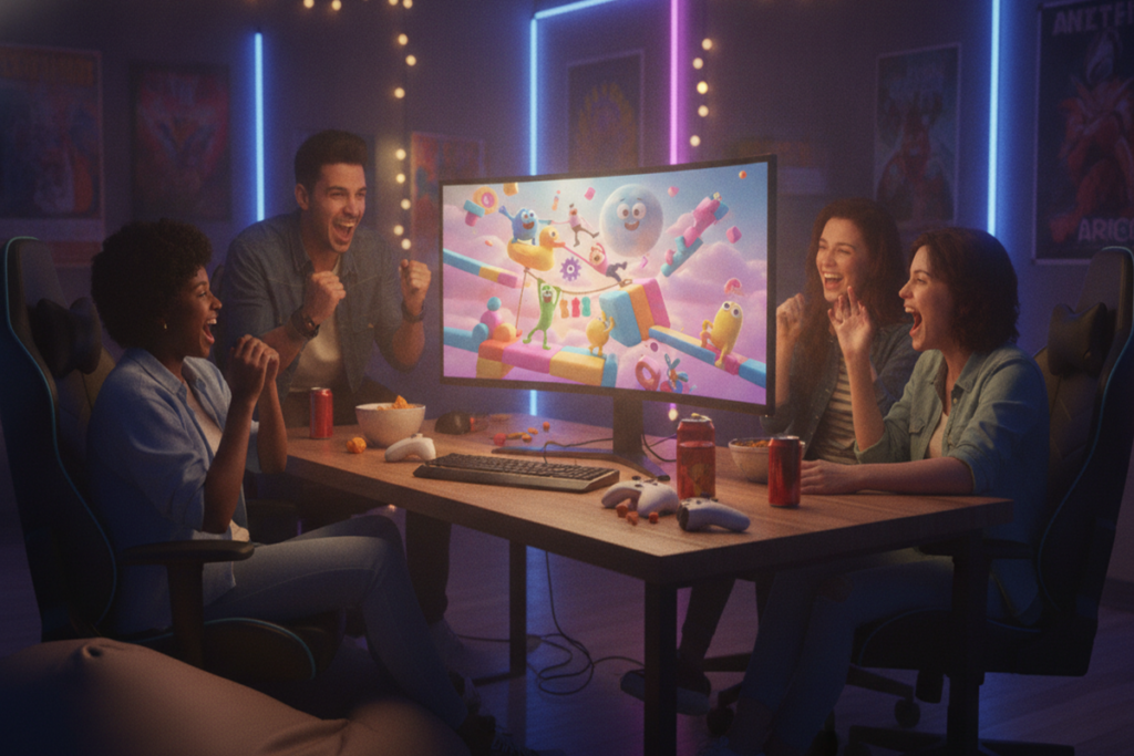 n groupe d’amis jouant à un party game sur PC