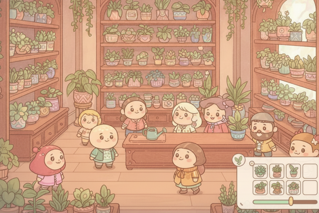 Gameplay d’un jeu cosy comme Leafy Corner