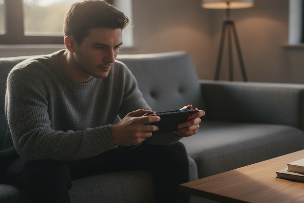 Un homme qui joue sur sa console Nintendo