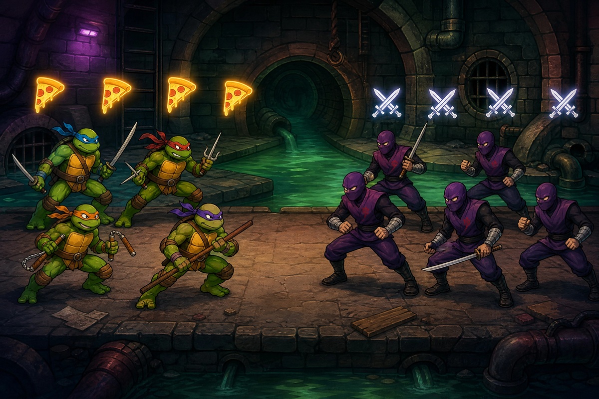 Gameplay d’une jeu mobile comme TMNT Pizza Quest