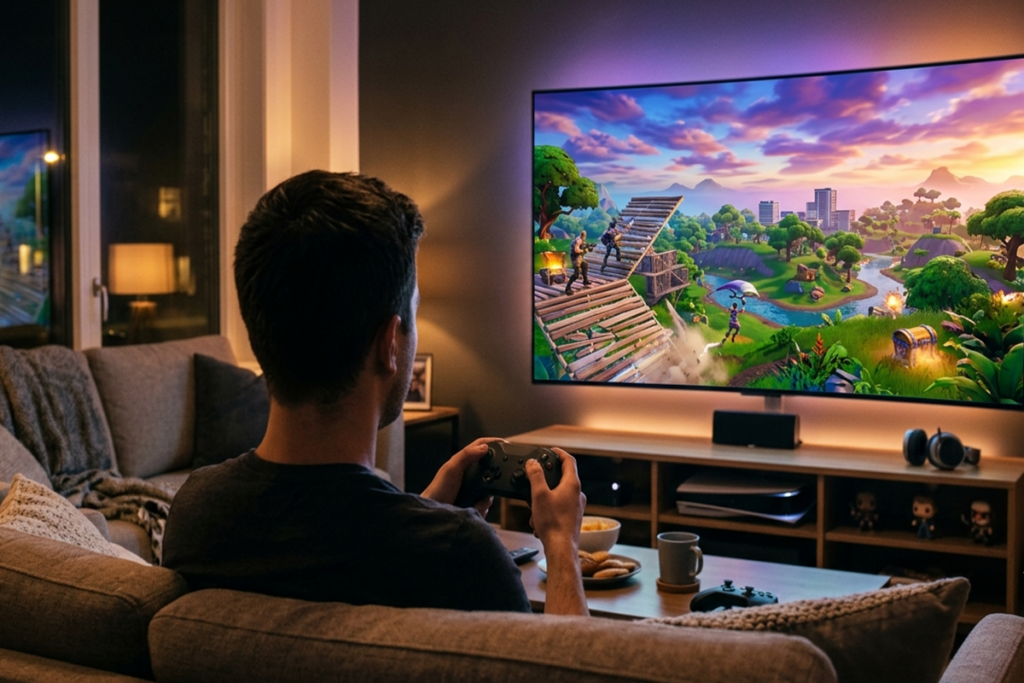 Un joueur sur sa console