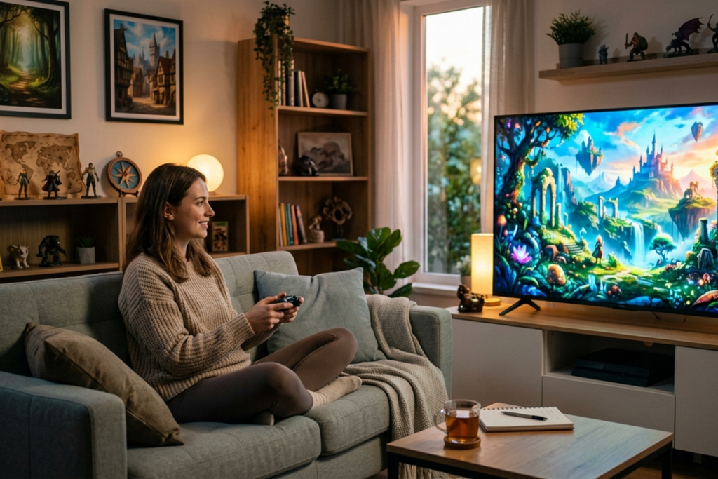 Une gameuse qui joue dans son salon aux jeux PS Plus