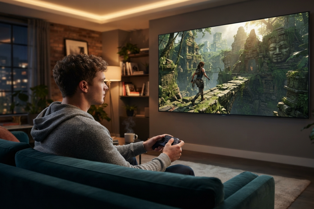 Un joueur sur sa console