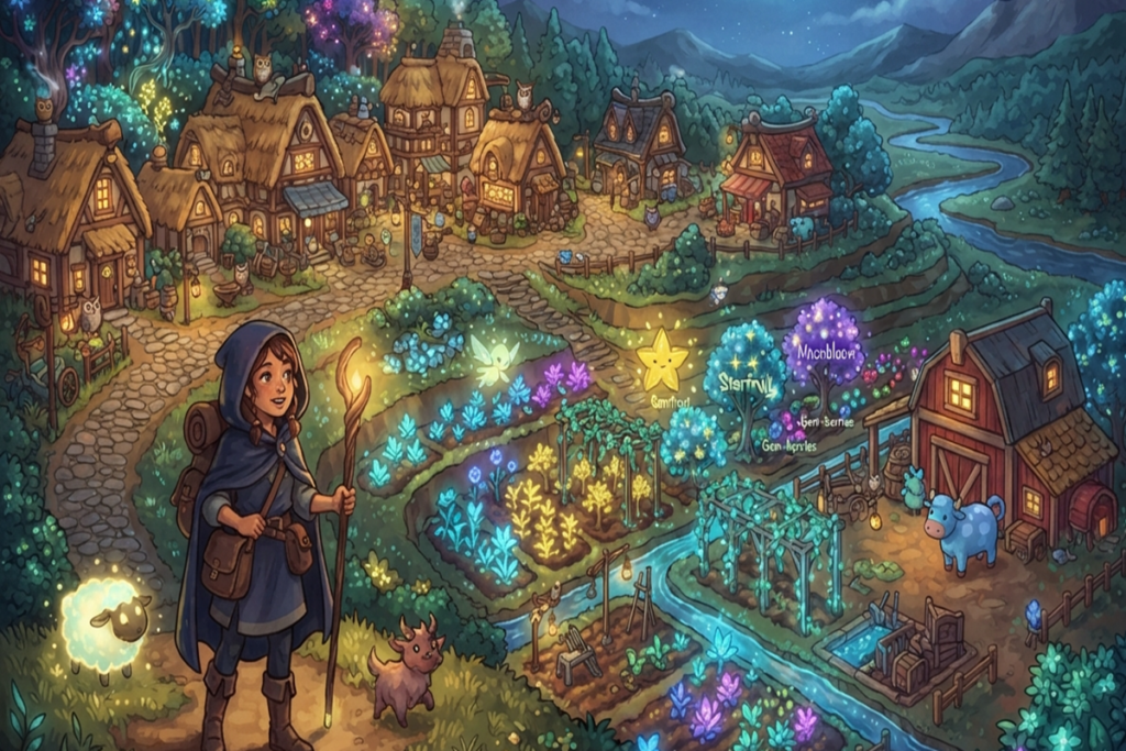 Gameplay d’un jeu de simulation similaire à Moonlight Peaks