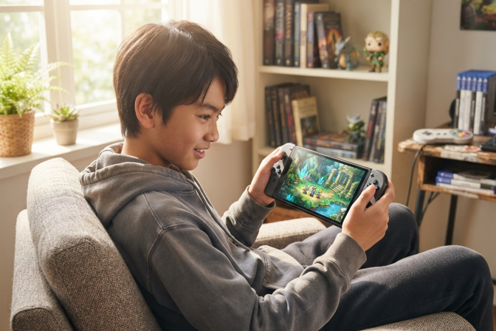 Un joueur qui joue sur une console portable