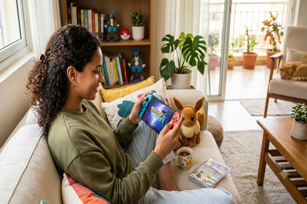 Une jeune femme jouant à un jeu similaire à Légendes Pokémon : Z-A