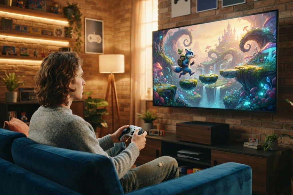 Un joueur sur sa console
