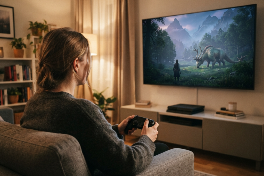 Une joueuse sur sa console