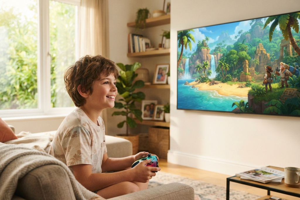 Un enfant qui découvre les sorties de jeux vidéo d’aventure