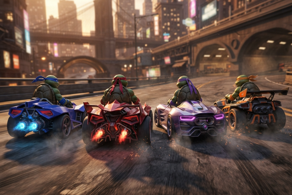 Des personnages similaires aux Tortues Ninja dans un jeu de course