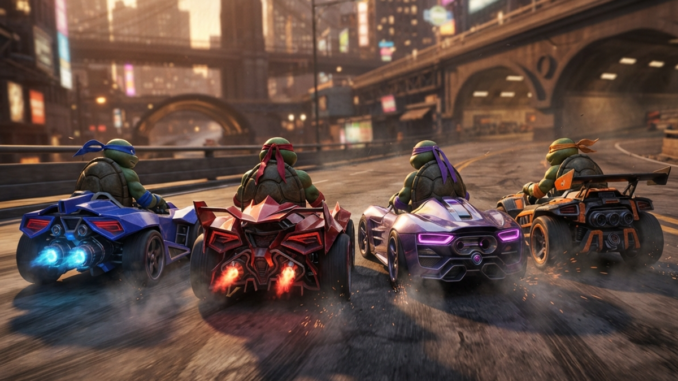 Des personnages similaires aux Tortues Ninja dans un jeu de course