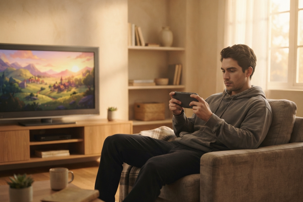 Un joueur sur une console portable similaire à Steam Deck