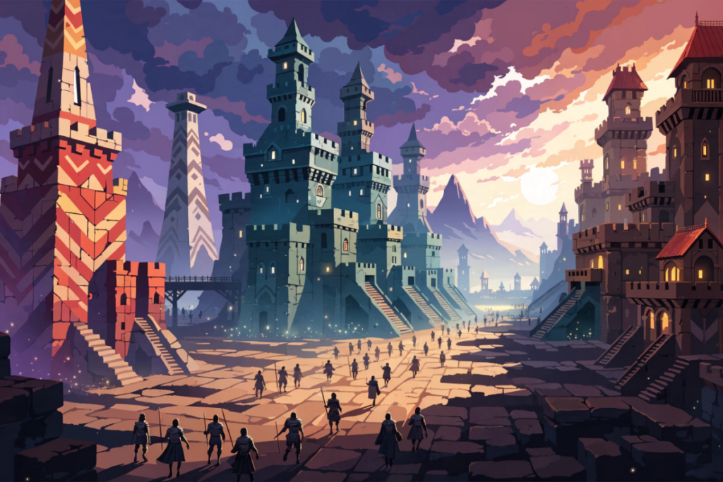 Arène de bataille stylisée illustrant un jeu de stratégie mobile