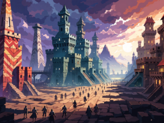 Arène de bataille stylisée illustrant un jeu de stratégie mobile