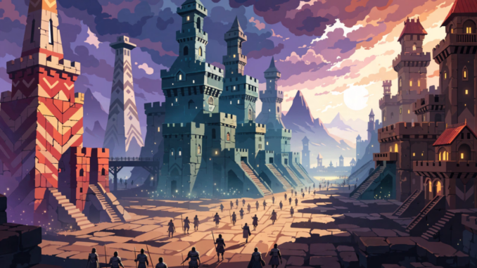 Arène de bataille stylisée illustrant un jeu de stratégie mobile