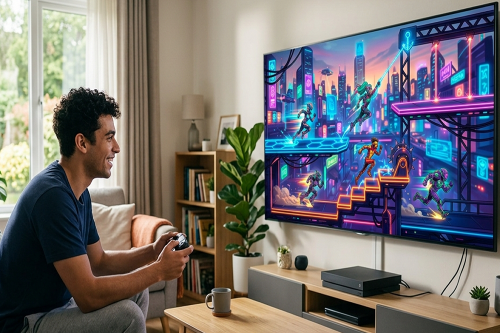 Un joueur qui joue sur sa console