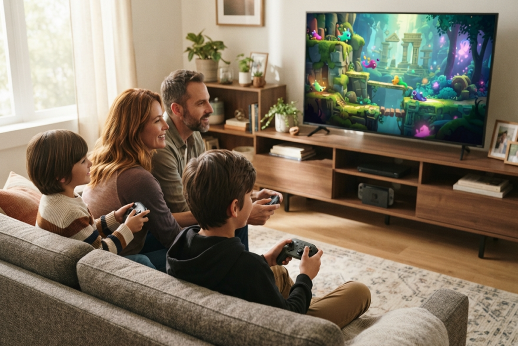 Une famille qui joue sur console