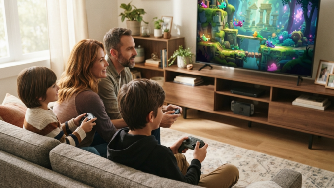 Une famille qui joue sur console