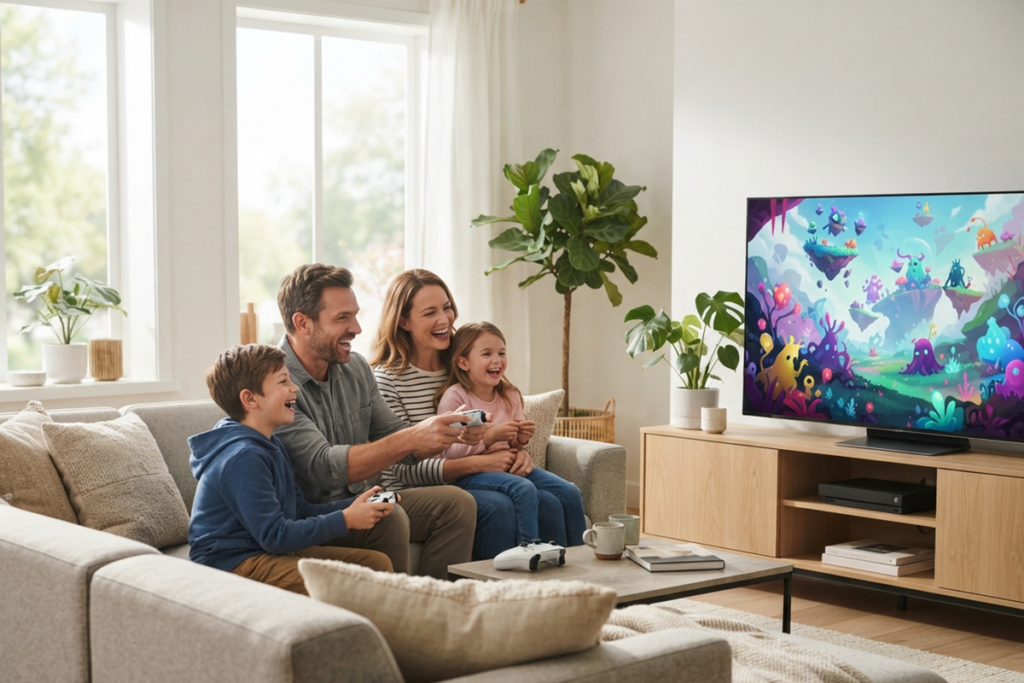 Une famille qui joue aux jeux vidéo