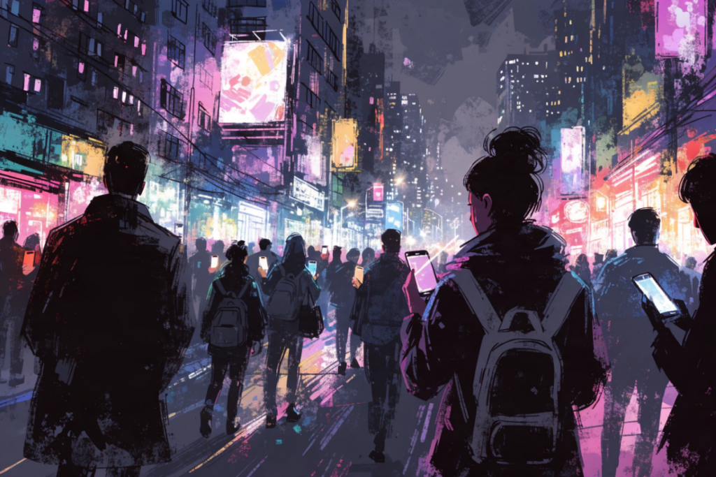 Silhouettes de passants utilisant leur smartphone pour jouer