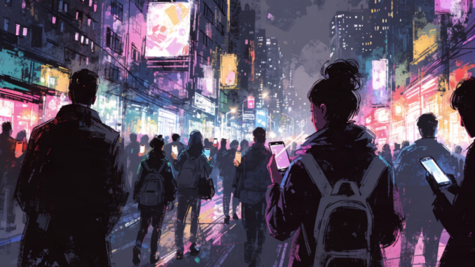 Silhouettes de passants utilisant leur smartphone pour jouer