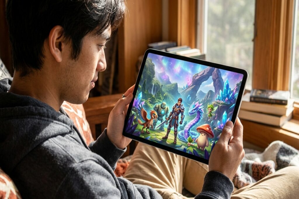 Un joueur découvrant l’univers d’Aniimo sur tablette
