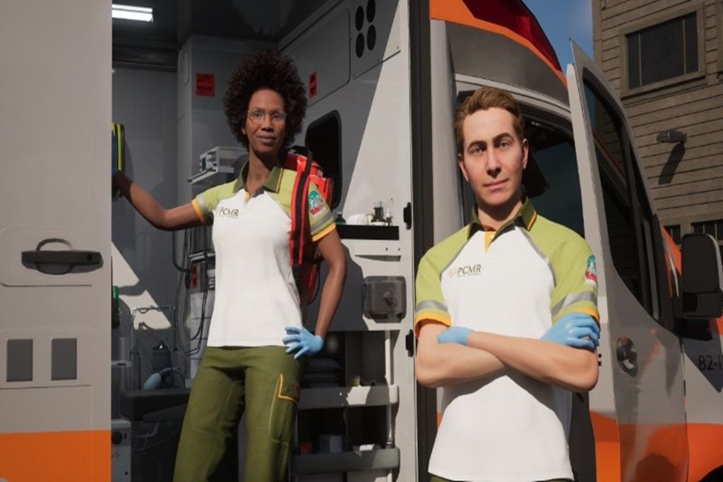 Deux ambulanciers dans le jeu vidéo Ambulance Life : A Paramedic Simulator