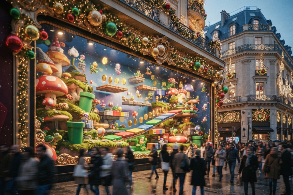 Illustration d’une vitrine de grand magasin aux couleurs de Super Mario