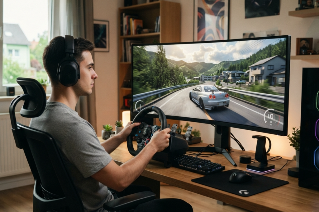 Un gamer jouant à un jeu de course