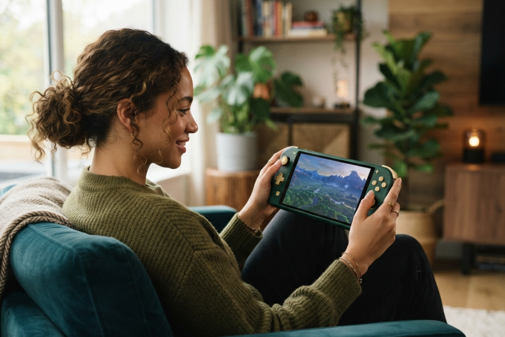 Une jeune femme qui joue sur sa console Switch