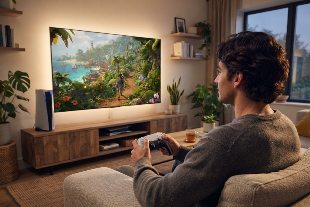 Un joueur découvrant un jeu cosy d’exploration sur console
