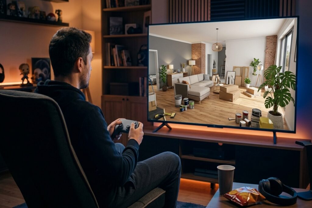 Un joueur sur sa console qui découvre la déco d’intérieur