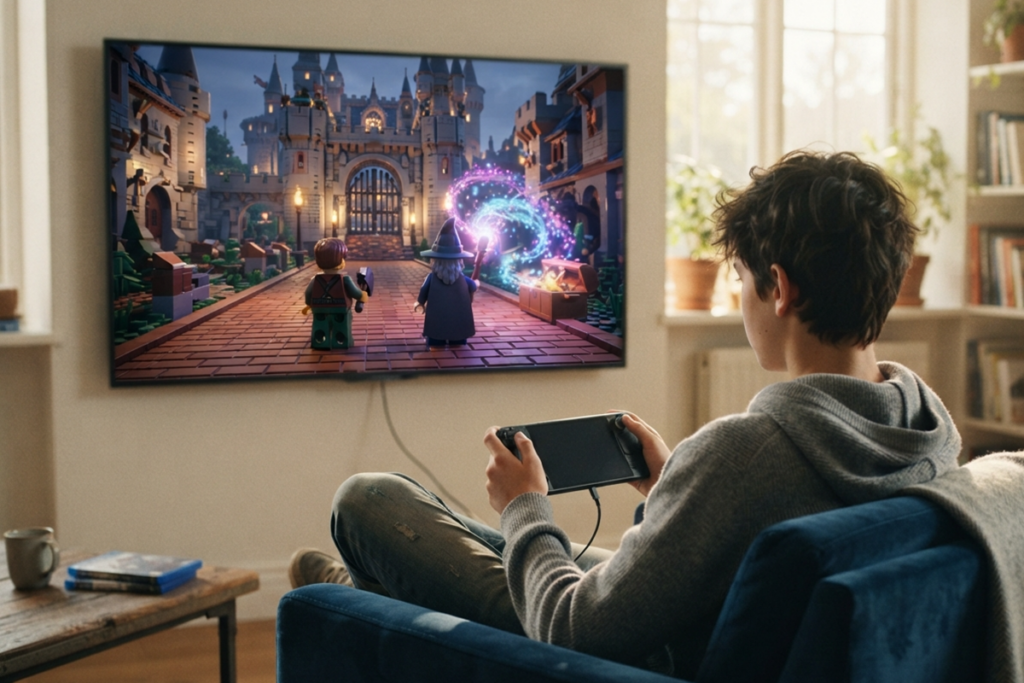 Un joueur qui joue sur sa console