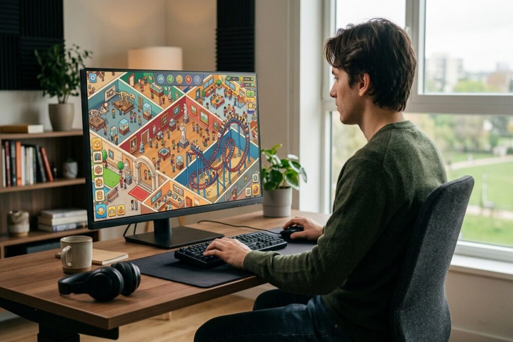 Un gamer jouant à un jeu de parc d’attraction sur son ordinateur