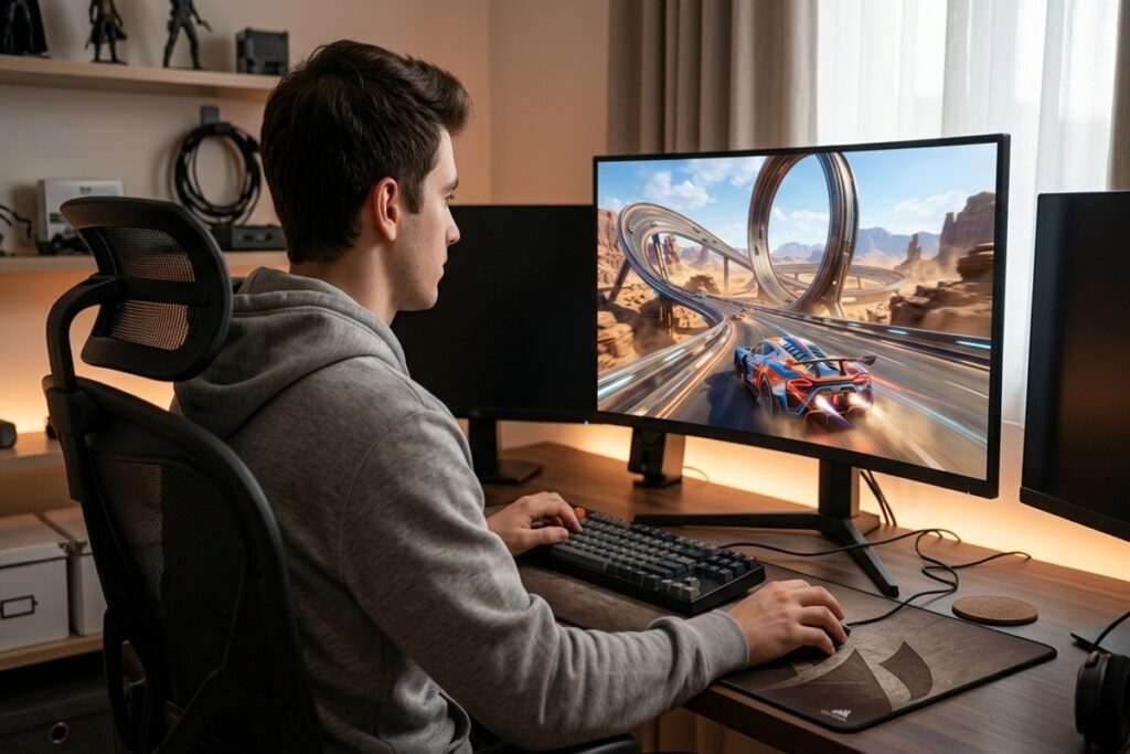 Un joueur qui teste le jeu Trackmania Turbo sur PC