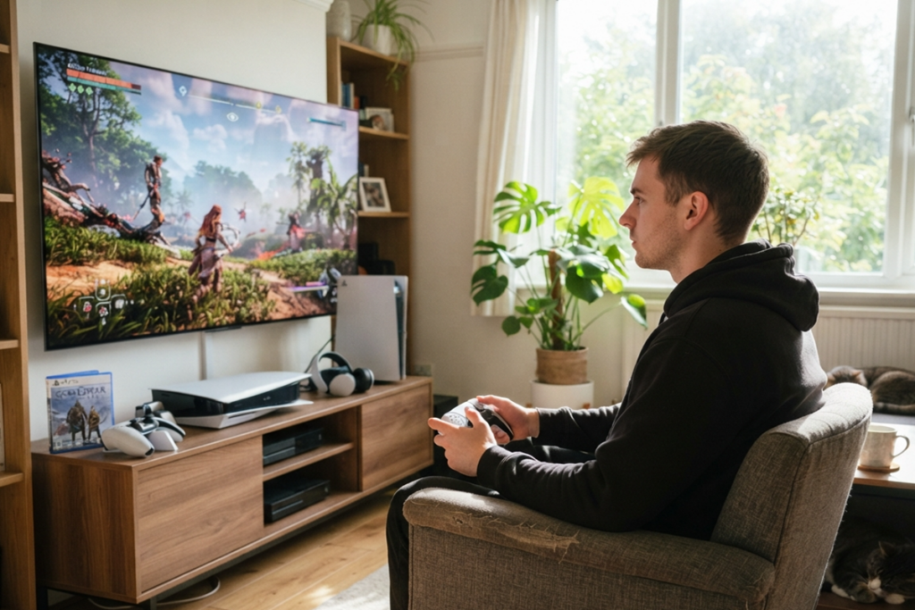 Un jeune homme qui joue sur sa console PS5