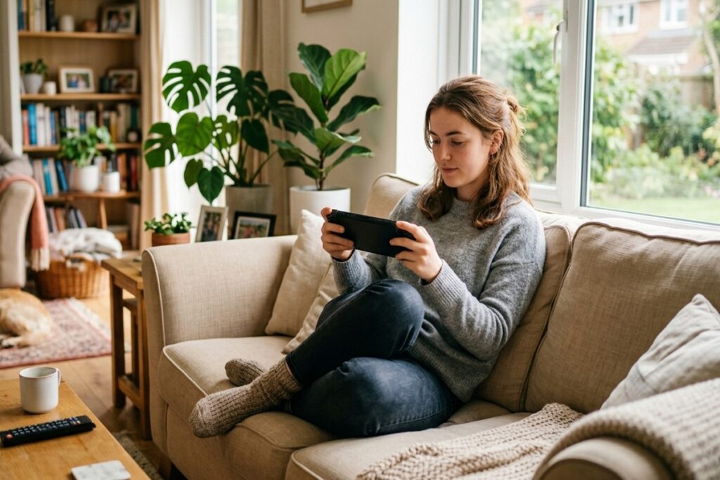 Une personne qui joue sur sa console portable