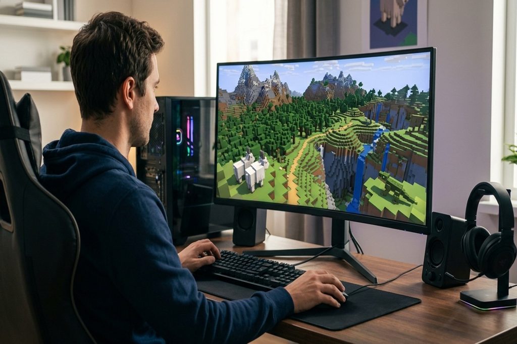 Un joueur qui découvre le jeu de Mojang sur PC