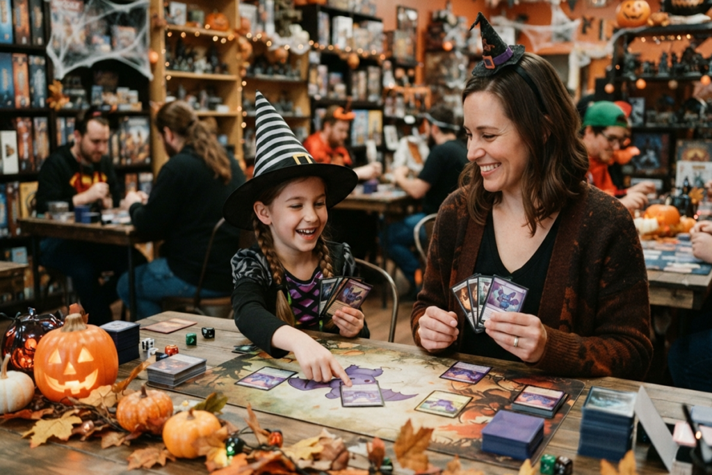 Un enfant et sa mère jouant aux cartes à collectionner Play! Pokémon